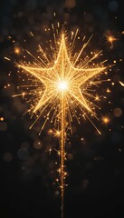 A glowing golden star with sparkling effects against a dark background. The star radiates light, creating a festive atmosphere.