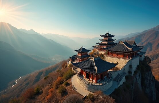 Ancient chinese temples with layered roofs perch on steep mountain slopes. A winding path leads to structures built on stone walls amidst misty peaks. Sun rays stream through clear sky.