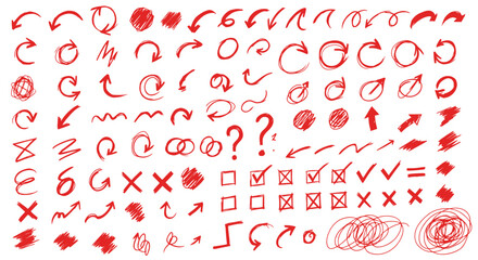 Hand drawn red arrows and symbols on white background for design elements