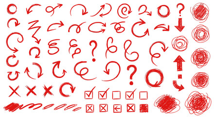 Hand drawn red arrows and symbols collection on white background for design
