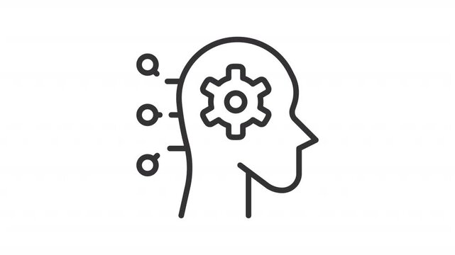 Critical thinking with AI ui icon line animation. Head with cogwheel and connections. Artificial intelligence technology animated user interface element isolated on white. HD video with alpha channel - Powered by Adobe