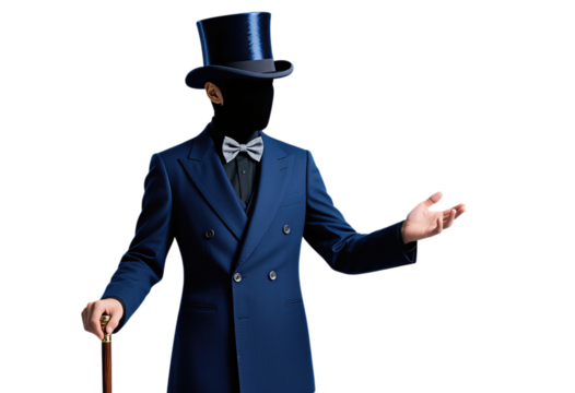 Elegant man in blue suit and top hat gesturing with cane