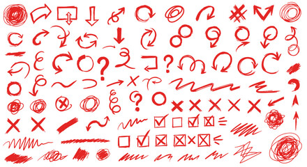 Hand drawn red arrow and shape collection on white background for design