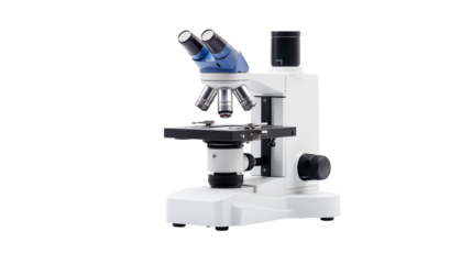 A close up view of a white and silver microscope with blue eyepieces on a black background studio shot