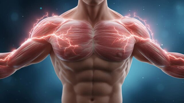 Muscle development through exercise concept. A detailed muscle illustration showing increased thickness and strength from workout training.