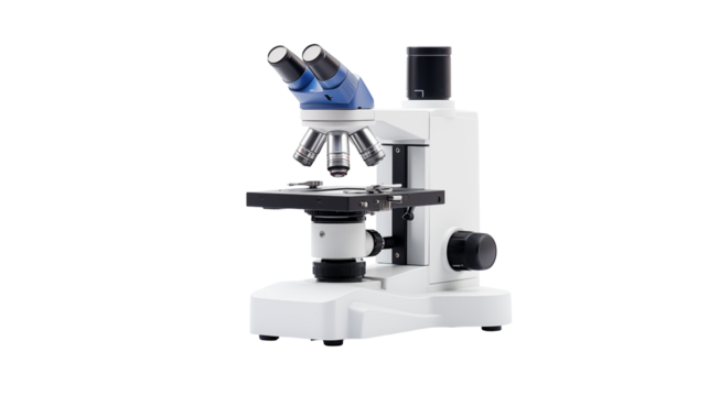 A close up view of a white and silver microscope with blue eyepieces on a black background studio shot