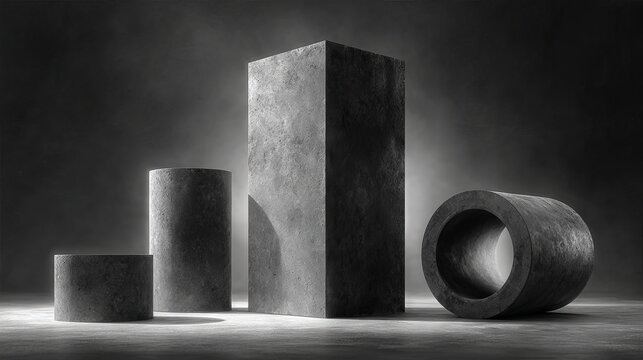 Monochromatic concrete cube and cylinder shapes arranged in a clean minimalist composition on neutral background modern abstract geometric still life for design and architecture concepts