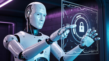 Robot touching virtual screen with security icon