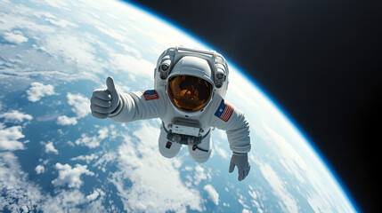 Cosmonaut floating in space, astronaut in spacesuit fling in the space, astronaut in space suit showing thumb up or like gesture, cosmonaut in helmet and uniform