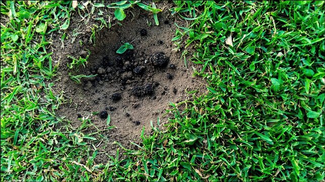 spodumene. Small depression in lawn with scattered soil fragments and textured ground. real-estate listings, architecture portfolios, designed for real-estate listing and luxury residence showcases.