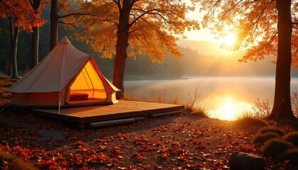 Golden sunrise illuminates camping tent beside calm lake in autumn forest. Tranquil scene unfolds with vibrant foliage, warm light reflecting on water. Image represents peaceful outdoor adventure.