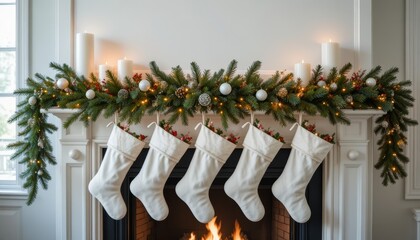 A cozy fireplace adorned with five white stockings and festive greenery. Candles and ornaments add a warm holiday touch.