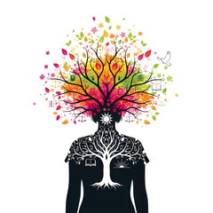 Colorful tree of knowledge illustration with scales of justice and open book icons on transparent background