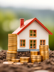 Home or residentail house model and stacks of rising coins.