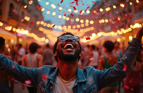 Happy man celebrates during festival. People enjoy street event. Confetti falls on joyful face. Event filled with dance music laughter. Diverse crowd having fun together at night.
