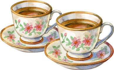 Watercolor floral teacups with hot tea. Warm vintage illustration ideal for caf branding, greeting cards, kitchen d cor, invitations and cozy rustic projects.