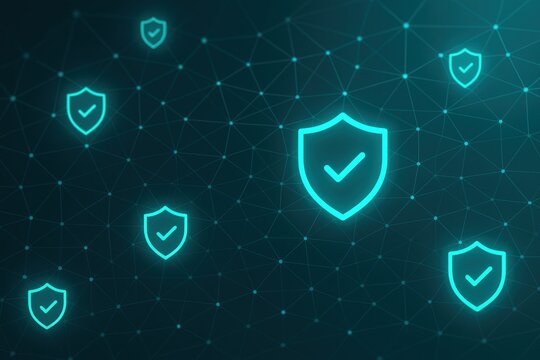 Digital security network concept featuring interconnected glowing shields symbolizing protection and trustworthiness within a virtual landscape of technology and innovation
