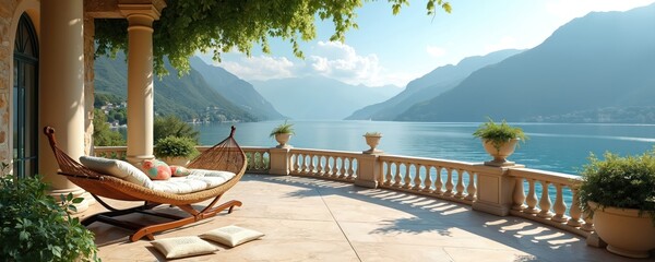 Obraz premium Villa terrace with hammock overlooks blue lake and mountains. Rich green trees shade the stone patio. Sunny weather creates peaceful Italian vacation scene. Relaxation awaits.