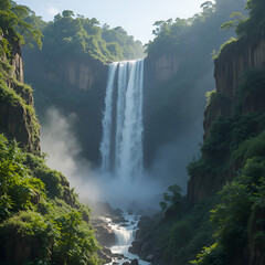 Majestic waterfalls cascading down lush green cliffside, sunlight illuminating mist.