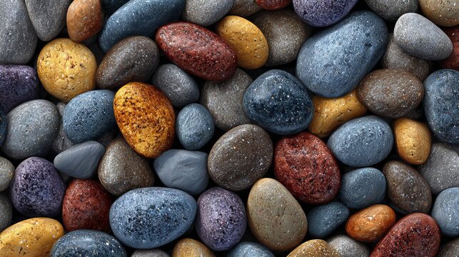 Colorful rounded pebble beach texture with smooth multicolored stones natural coastal background for spa zen design relaxation and nature inspired creative projects