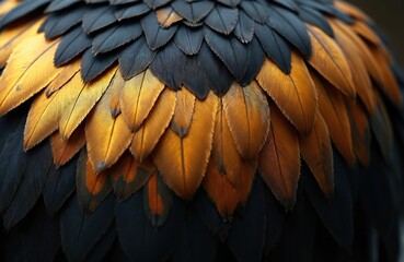 Obraz premium Dramatic plumage of eagle with layered feathers in golden and black. Sharp edges of each feather visible. Wildlife bird close up shows wild avian nature background. Animal detailed abstract pattern.