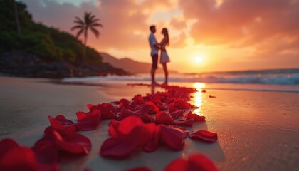 Couple embraces at sunset beach proposal. Rose petals create a path to the kneeling man. Warm light illuminates romantic moment on tropical shore. This scene represents love and commitment.