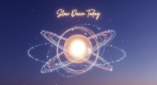 Embrace Tranquility and Slow Down Today with this Calming Abstract Design Featuring a Glowing Sphere and Sparkling Orbits, Perfect for Meditation and Mindfulness Campaigns