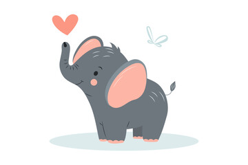 Cute baby elephant with heart. Adorable cartoon zoo character. Cartoon flat vector illustration