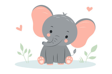 Cute baby elephant sitting with hearts and twigs. Adorable cartoon zoo character. Cartoon flat vector illustration