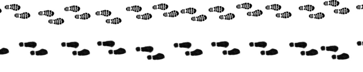 Black silhouette footprints are arranged in two parallel rows on a white background. The top row shows detailed shoe treads, while the bottom row features blurry, less defined imprints.