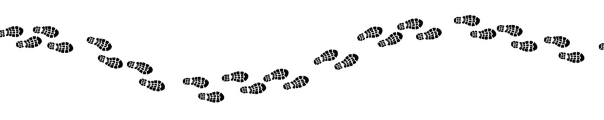 a winding path of footsteps: black shoe prints on a white background creating a sense of direction and movement © Arun