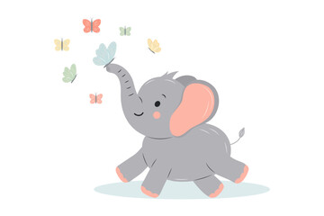 Cute baby elephant with butterflies. Adorable cartoon zoo character. Cartoon flat vector illustration