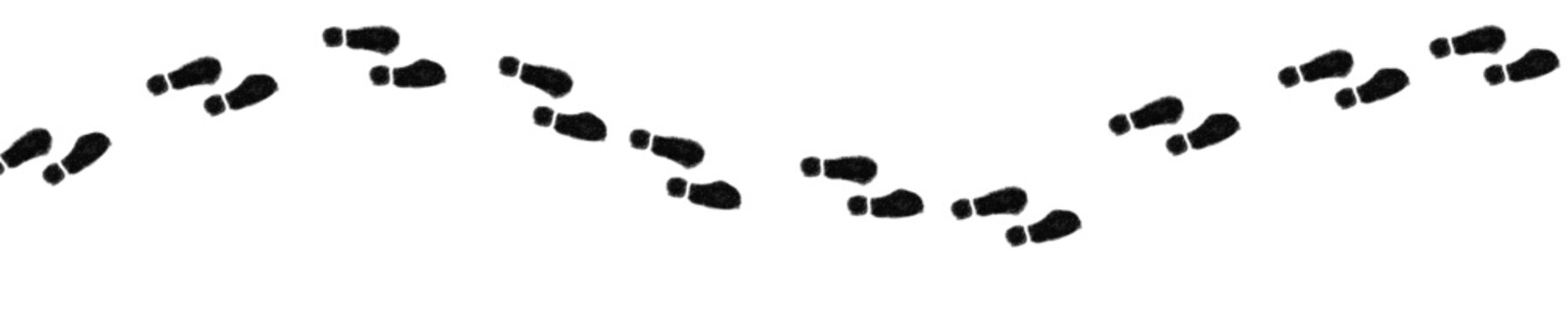 a winding path of dark footprints on a clean white surface, suggesting a journey or trail