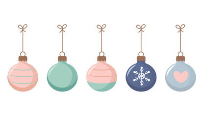 A cute vector set of five hanging Christmas ornament balls in pastel colors. Designs include stripes, solid colors, a snowflake, and a heart. Perfect for holiday designs