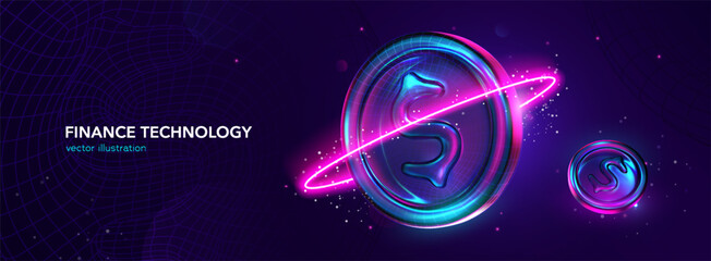 Fototapeta na wymiar Futuristic finance technology. Fintech innovations. Cryptocurrency and Blockchainvconcept with glowing digital coins, neon lights, and virtual currency symbol