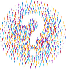 Crowd of people in question shape. Concept of festival, demonstration, party or public protest. Vector decoration element from colorful isolated people silhouettes.