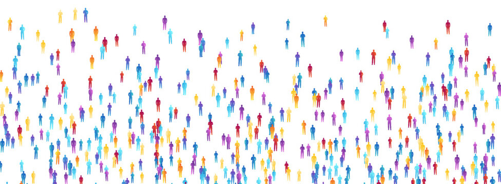 People crowd. Concept of festival, demonstration, party or public protest. Vector horizontal border from colorful isolated people silhouettes.