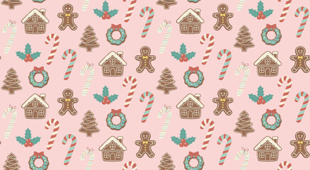 A cute vector seamless Christmas pattern with gingerbread houses, cookies, and candy canes on a pastel pink background. Perfect for holiday fabric and wrapping paper