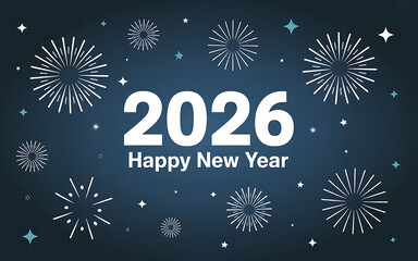 Happy New Year 2026 Celebration with Fireworks on Dark Blue Background