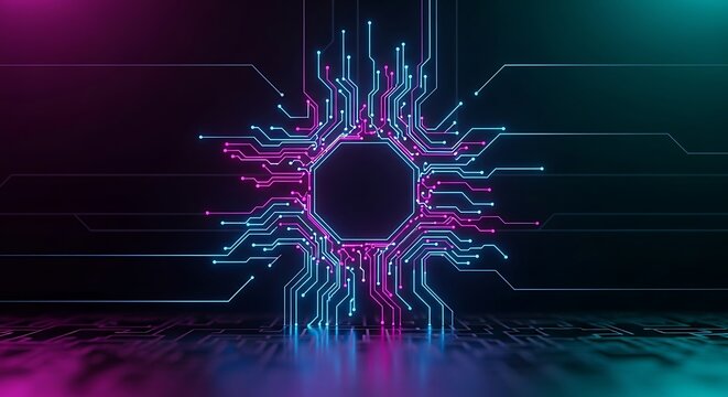Futuristic microprocessor circuit board glowing in vibrant neon colors