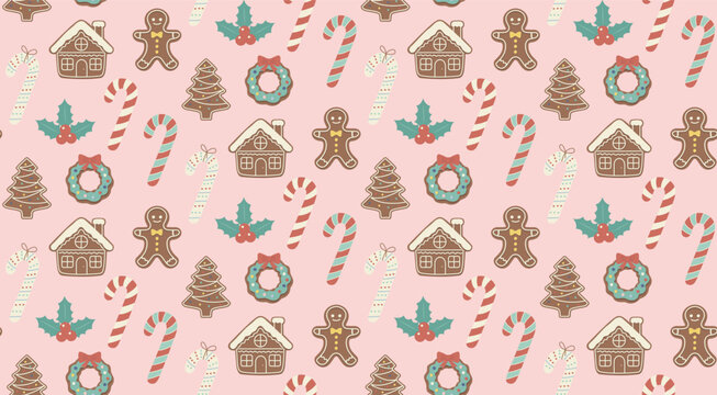 A cute vector seamless Christmas pattern with gingerbread houses, cookies, and candy canes on a pastel pink background. Perfect for holiday fabric and wrapping paper