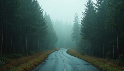 Winding asphalt road through dense pine forest, thick fog obscuring distant trees. Overcast moody weather, wet pavement reflects gloomy sky. Autumnal grass borders wet highway.