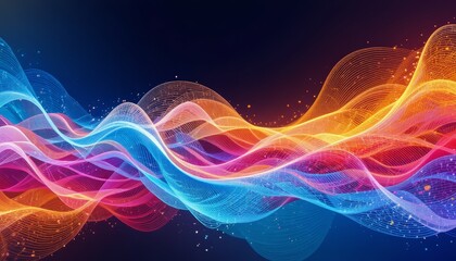 Colorful abstract waves in blue, pink, and orange tones create a dynamic and vibrant background. The design features smooth curves and flowing lines.