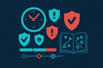 Innovative time management strategy emphasizing security measures and decision making frameworks illustrated through colorful abstract shields and a clock in a contrast rich digital environment
