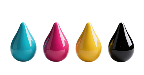 Four Colorful Glossy CMYK Ink Drops in a Row