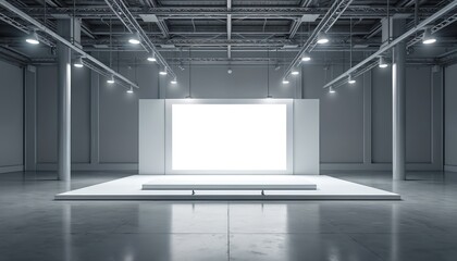 Modern empty exhibition hall stage with blank screen for presentations. Industrial interior space for trade show, convention, or corporate event venue setup. Minimalist design.