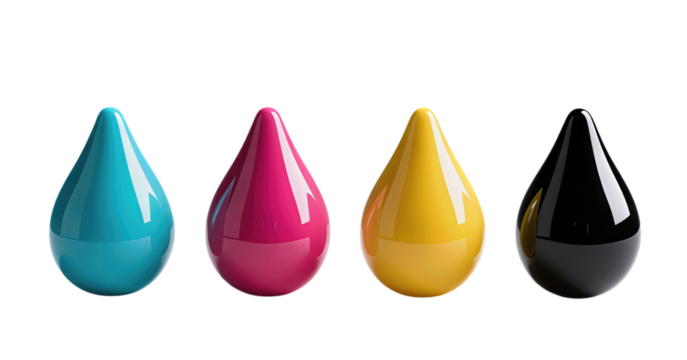 Four Colorful Glossy CMYK Ink Drops in a Row
