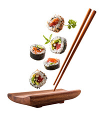 Sushi pieces hover above a wooden rest with chopsticks
