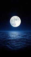A bright full moon illuminates the dark ocean waves under a star-filled night sky.