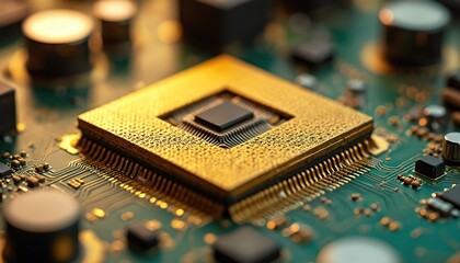 Close up on golden computer processor chip with many pins on green circuit board. Macro view of microchip hardware technology and electronic components.